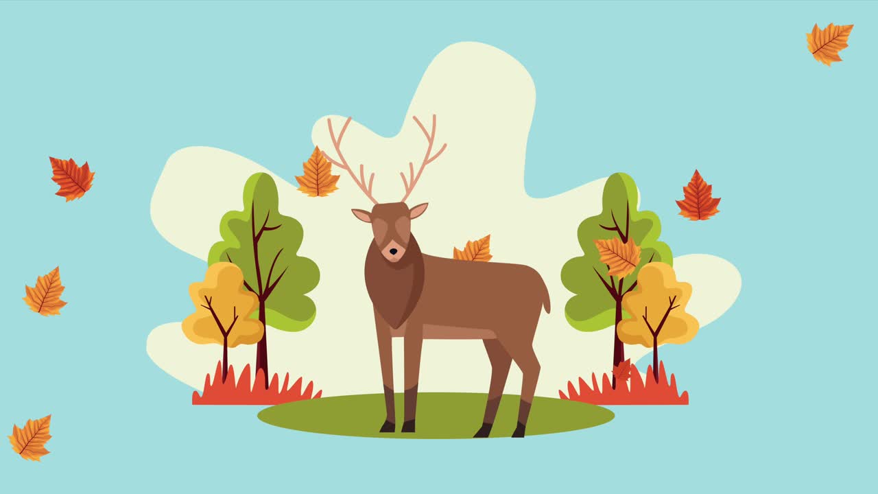 こんにちは森のシーンで鹿を描いた秋のアニメーションです