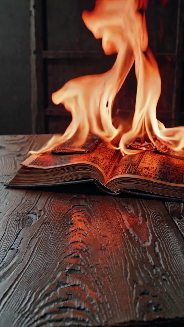 A dramatic video still of an open book engulfed in flames on a wooden table, captured from a low