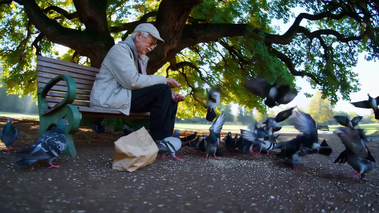 Senior Man Feeding Pigeons in a Park