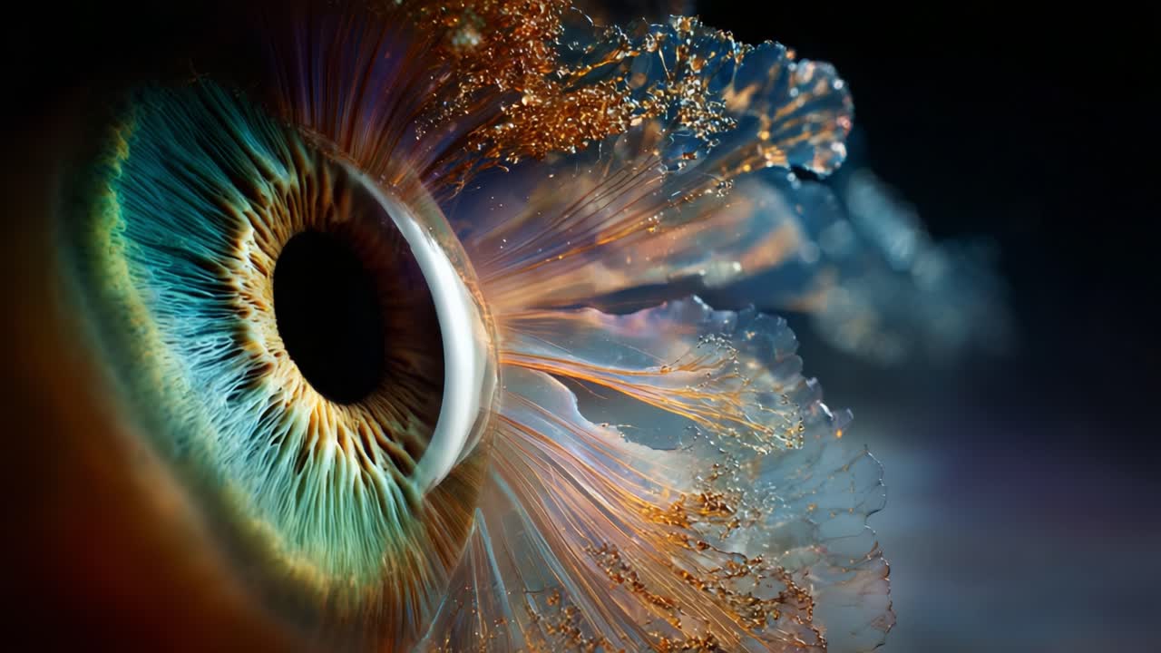 A mesmerizing close-up view of a captivating eye, showcasing intricate details and vibrant colors that highlight the unique patterns and textures of the iris and surrounding elements