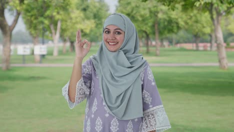 happy muslim woman showing okay sign in park