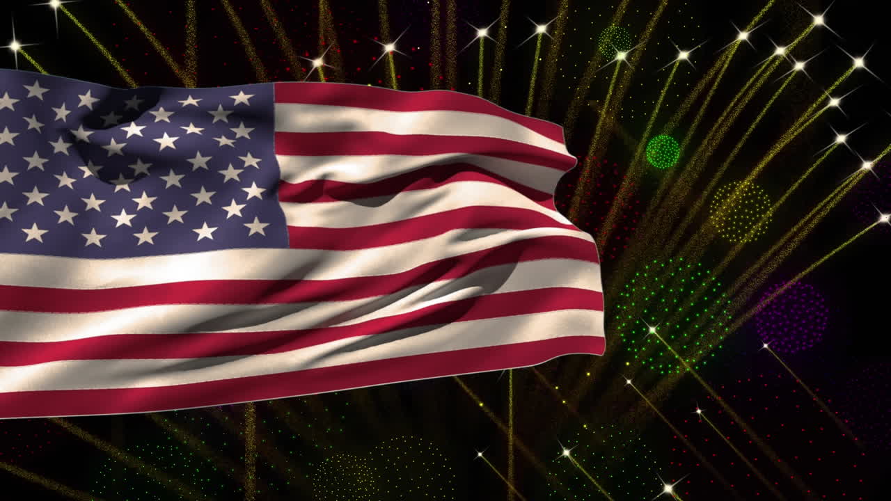 animación de la bandera de los estados unidos sobre fuegos artificiales sobre fondo negro