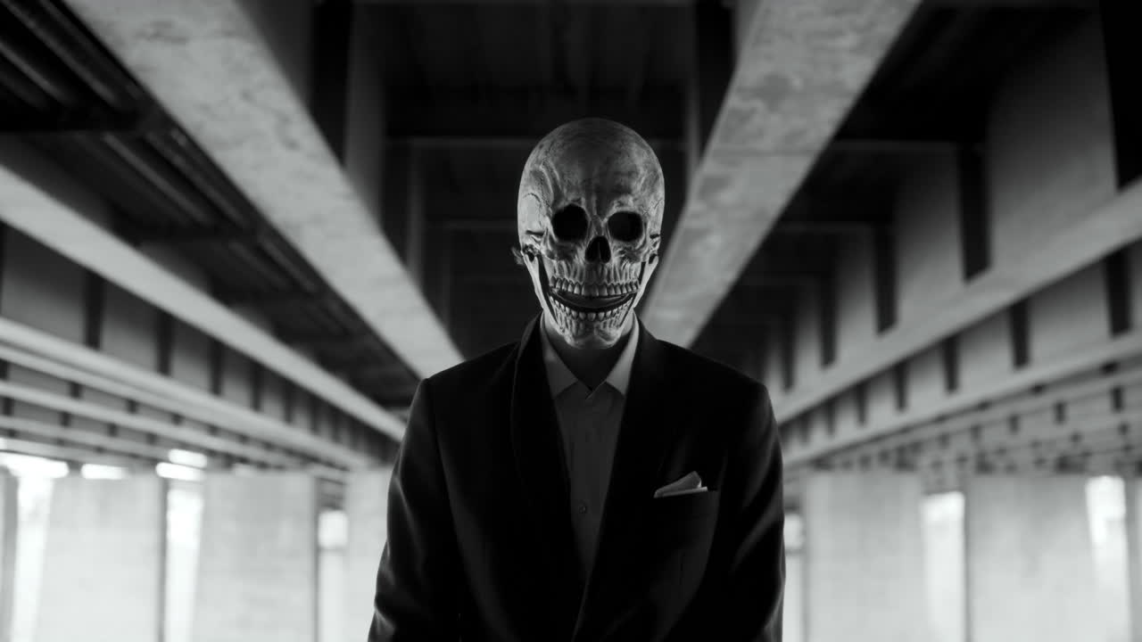 Man in Skull Mask Under a Bridge