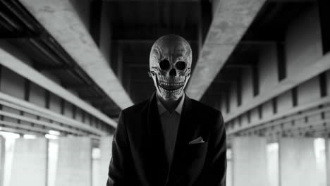 man in skull mask under a bridge