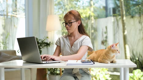 Mujer-Trabajando-En-Una-Computadora-Portátil-Con-Un-Gato