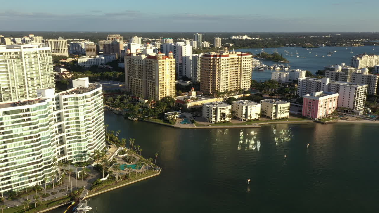 Bayfront Hotels And Condominium Complex Towers ON The Banks Of Sarasota Bay In Florida, USA. - aerial shot
