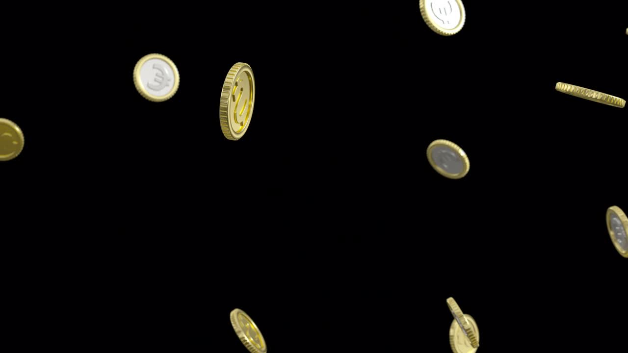 monedas de oro con logotipos de dólares y euros cayendo en cámara lenta.