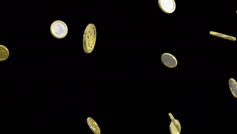 golden coins with dollar and euro logos falling in slow motion.