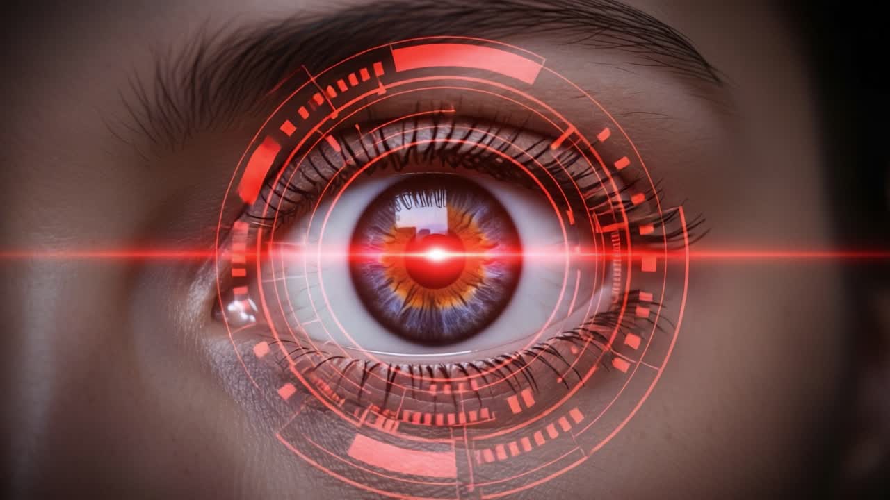An Intricate Glimpse into the Future: A Close-Up View of a Technologically Enhanced Eye with Stunning Visuals, Merging Humanity and Digital Innovation