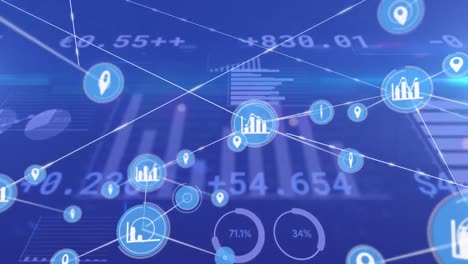 animation of network of connections with icons over financial data