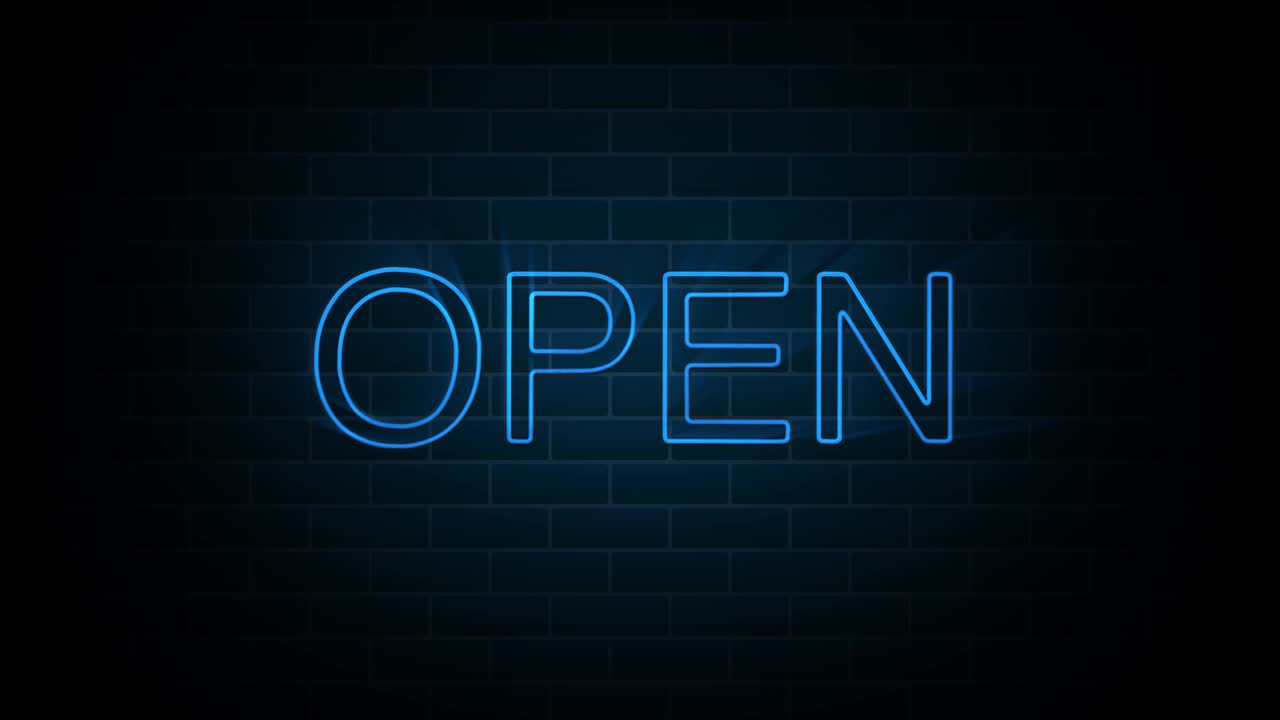 Open text on neon sign. Night bright advertisement. 4K Motion Design Animation