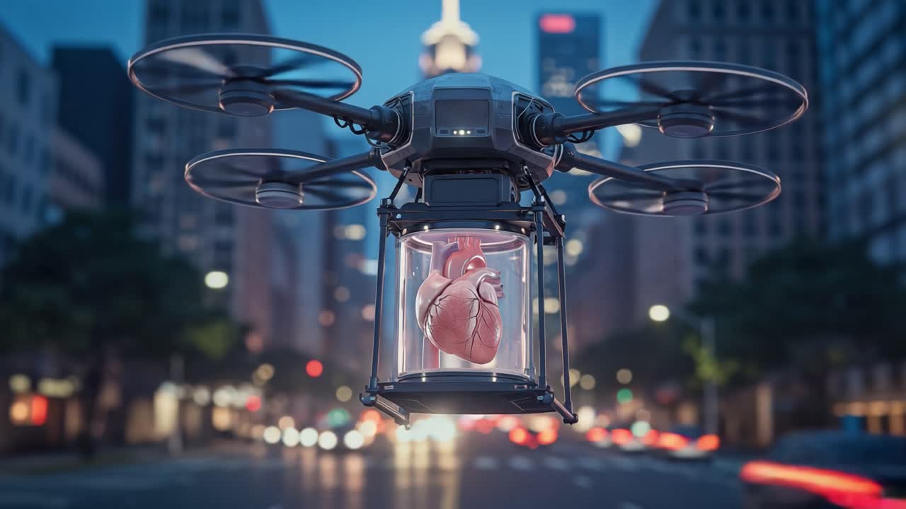A futuristic drone transports a human heart through a bustling city, highlighting the intersection of technology and healthcare in organ transport