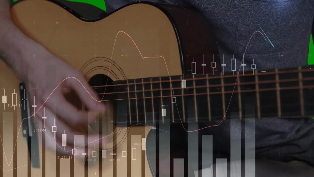 Ved første anslag spiller en guitarist akkorder, mens stigende diagram-overlays viser en voksende datatrend.