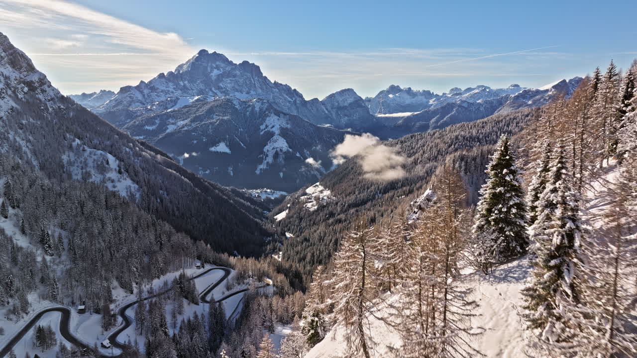Aerial drone view of the Giau Pass high mountain pass in the Dolomites, Italy
