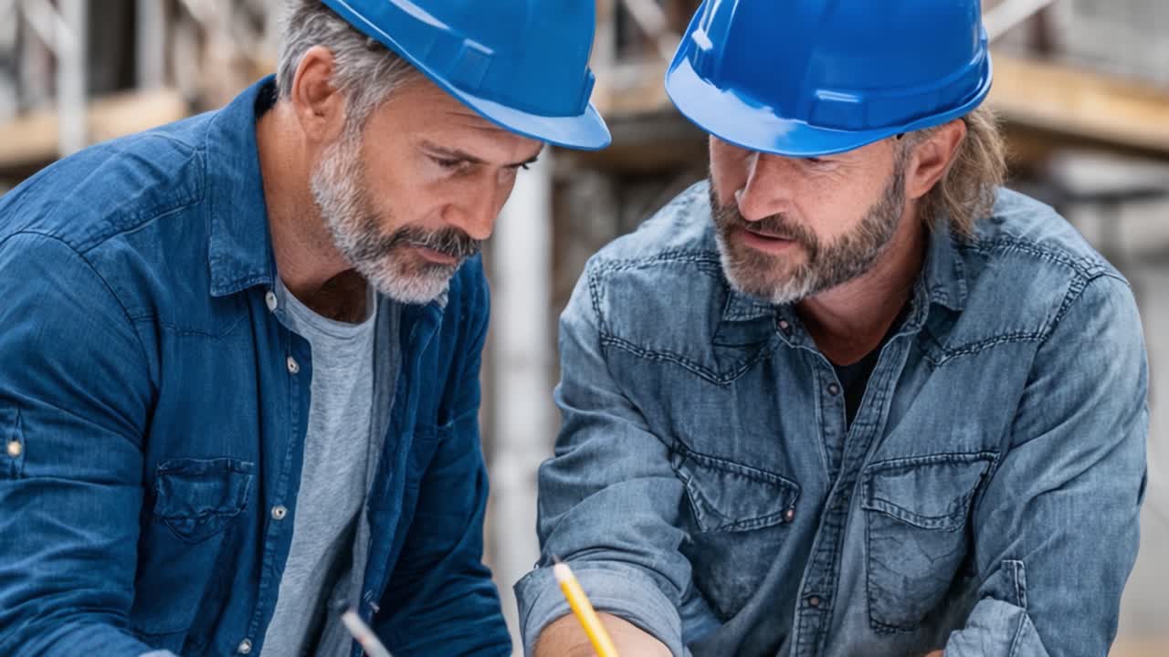 Two Construction Workers Collaborating on Project Plans with Detailed Focus, Wearing Safety Helmets and Engaged in Constructive Dialogue in a Work Environment
