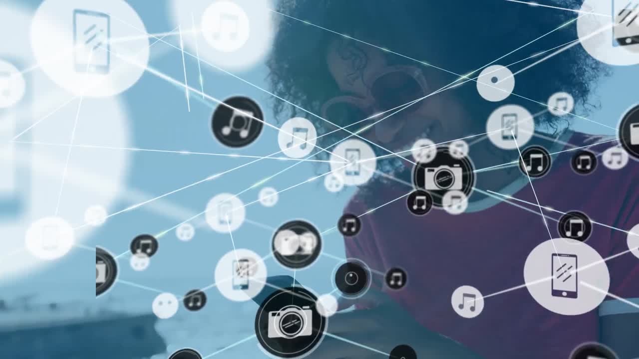 행복한 아프리카계 미국인 여성에 대한 미디어 아이콘과의 연결 네트워크의 애니메이션