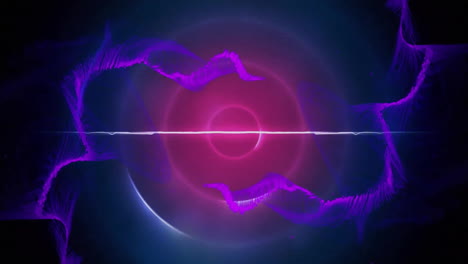 animation of purple shapes moving over neon circles