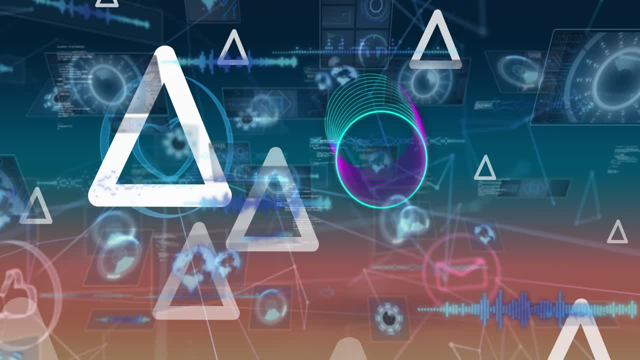 Animation of shapes over data processing on blue background