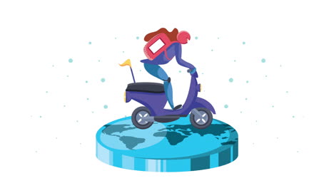 trabajador de servicio de entrega en motocicleta y animación del planeta tierra