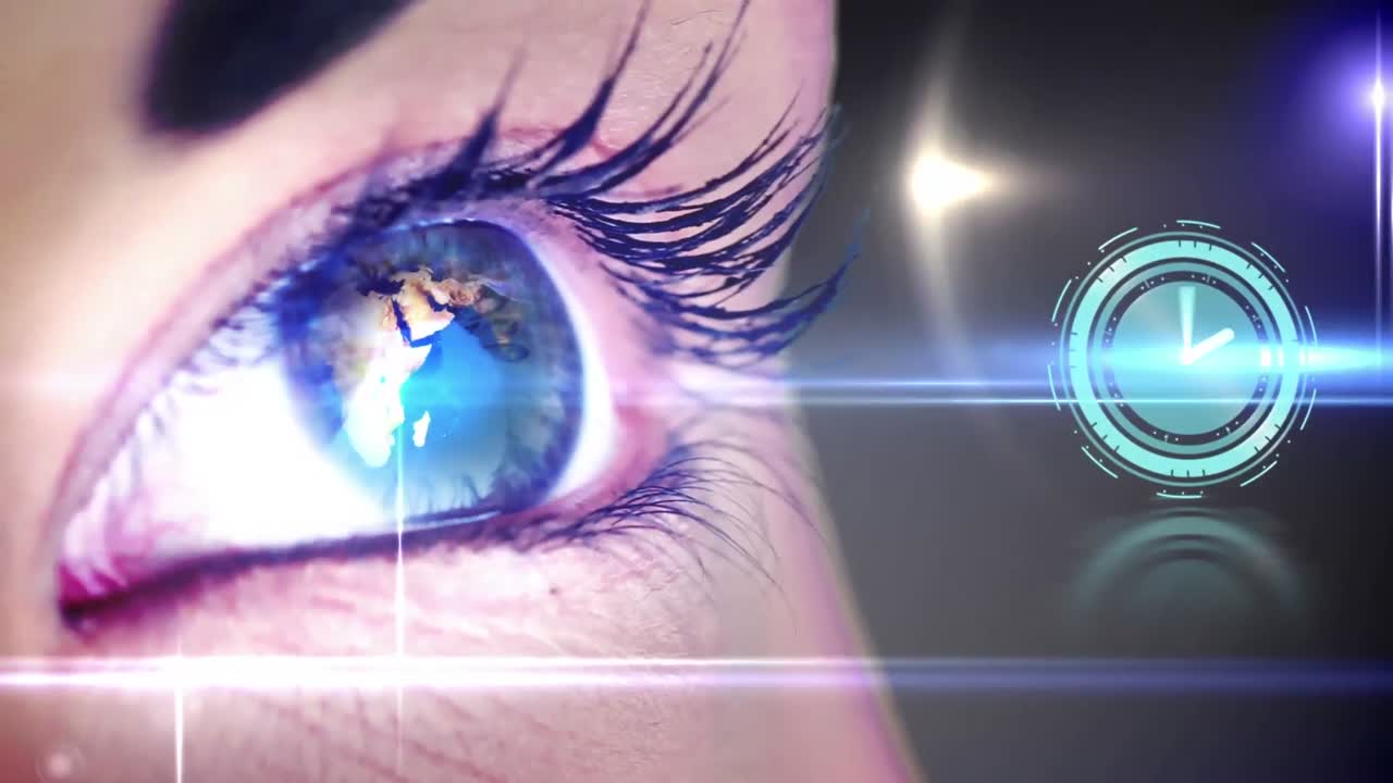 Animation of globe and clock over woman's eyes