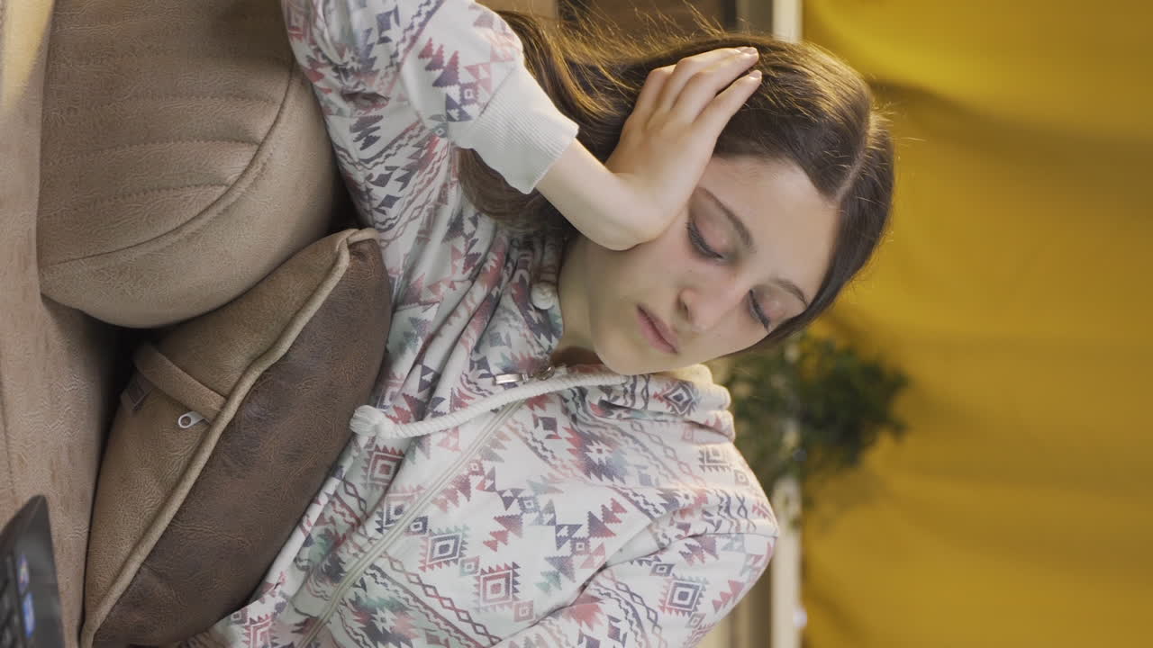 밤에 컴퓨터를 사용하는 동안 피곤해지는 젊은 여성의 수직 비디오.