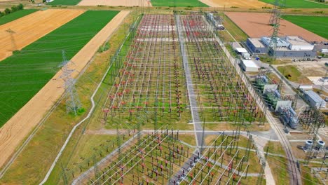 Aerial-View-Of-Substation-Site-In-Summer---drone-shot