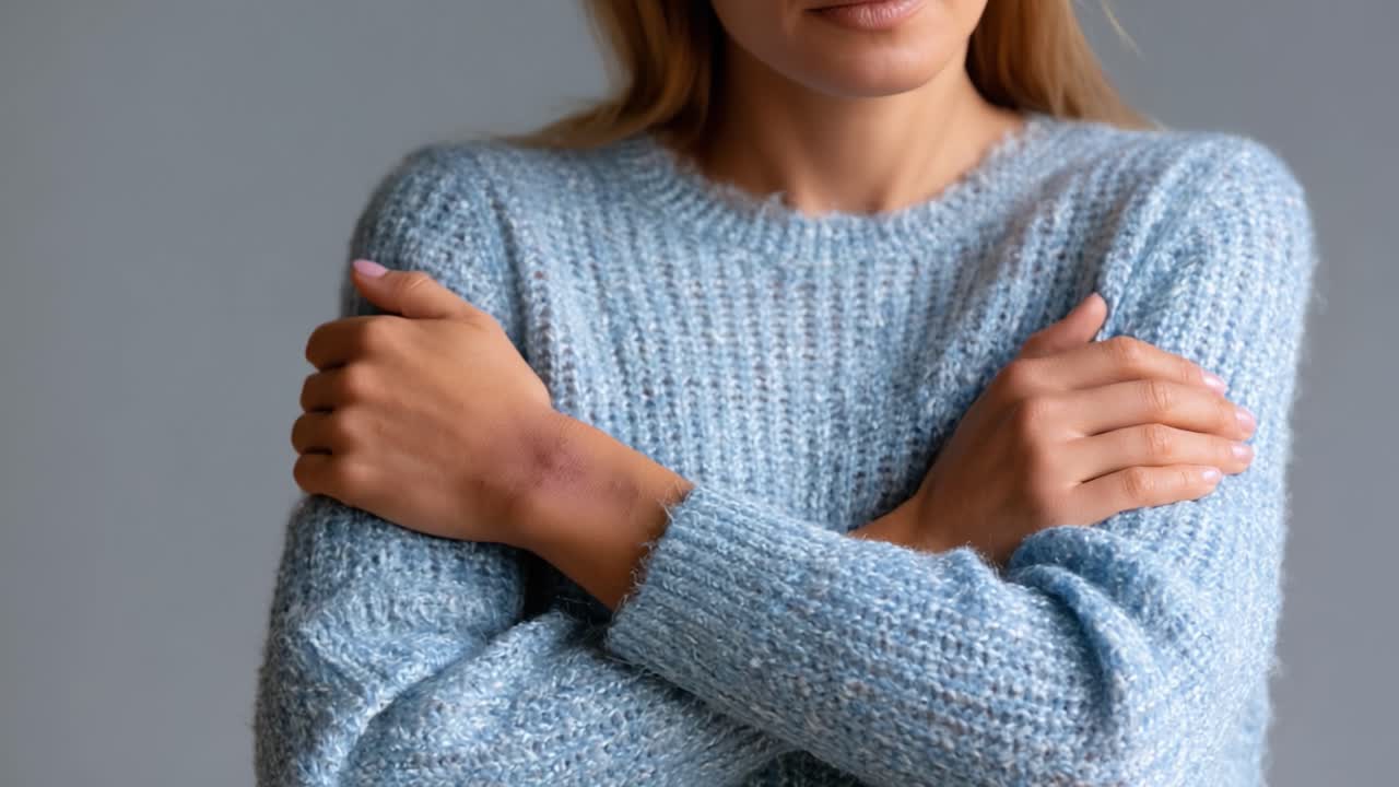 A contemplative young woman in a cozy light blue sweater embraces herself while revealing a subtle bruise on her wrist, capturing a moment of vulnerability and self-reflection
