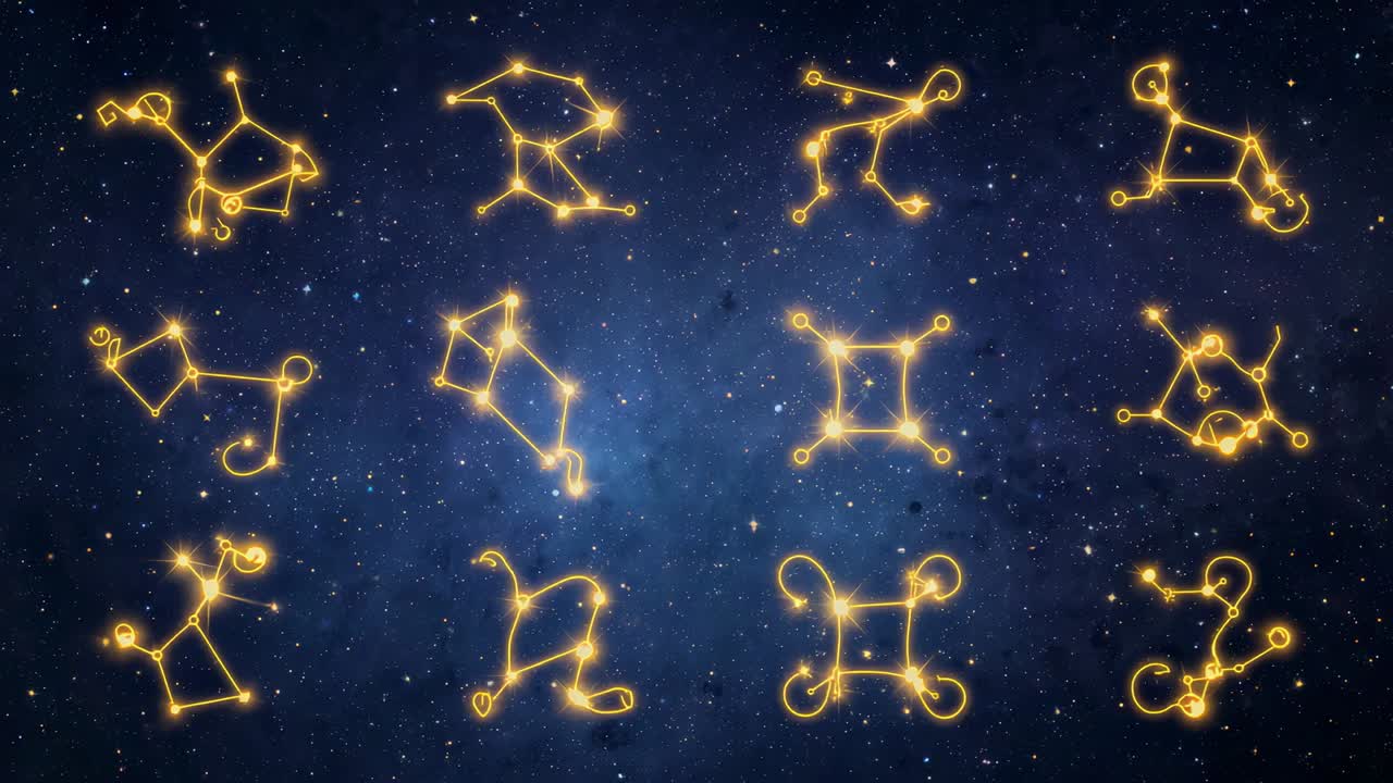 Starting centered 4x4 grid of golden glyphs with lit lines pulsing over nebula, highlighting center