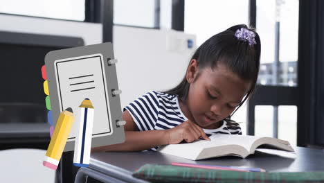 studying at desk, young girl reading book with notebook and pencil animation