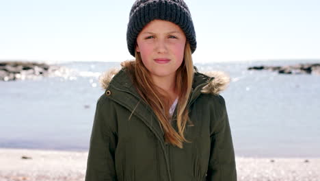 Face,-smile-and-girl-at-beach-on-vacation