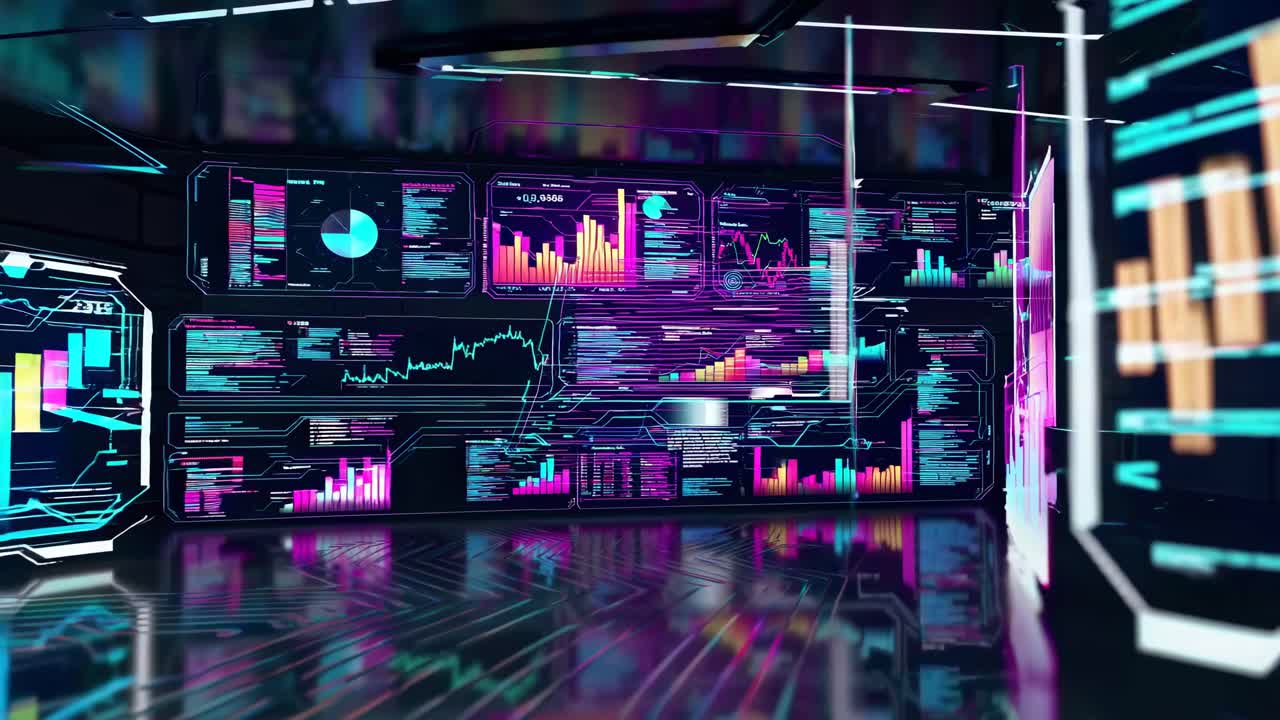Futuristic video of a digital control room with neon graphics and data charts