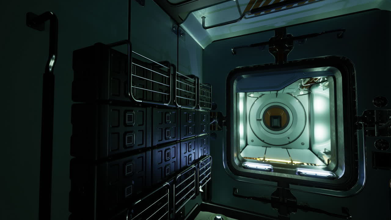 Interior view of a sci fi space station module with illuminated hatch