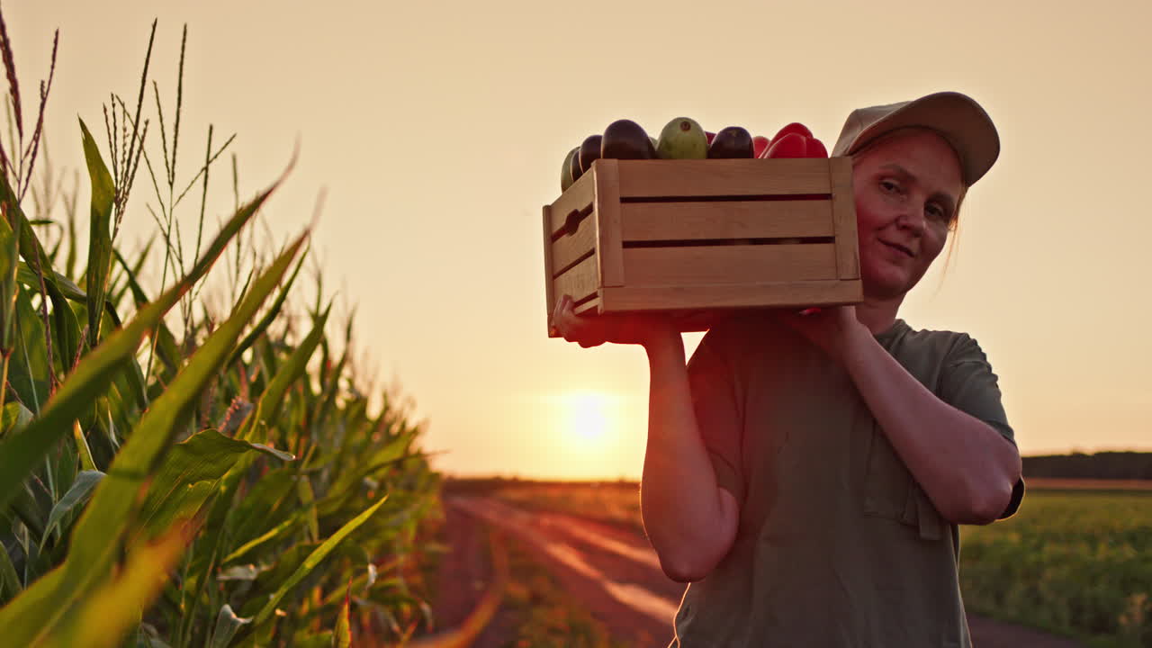 옥수수  에 해 가 지는 때 나무 상자 에 채소 를 들고 있는 여자