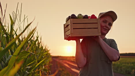 mujer llevando verduras en una caja de madera al atardecer en el campo de maíz
