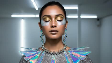 futuristic fashion portrait: a stunning display of avant-garde accessories and makeup in a modern setting with shimmering elements and bold artistic expression