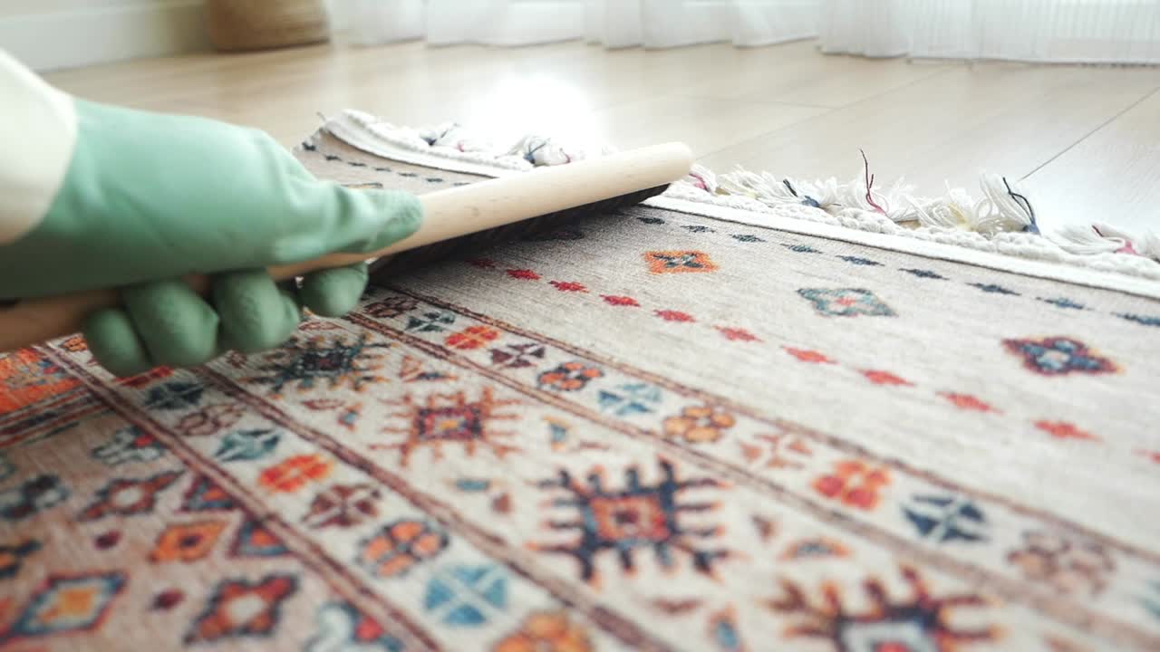 Pulizia di un tappeto decorato con una spazzola