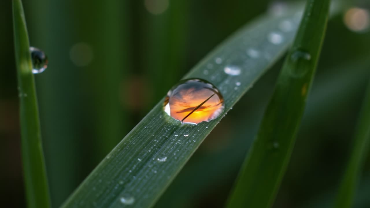 A Stunning Close-Up of a Water Droplet Reflecting a Beautiful Sunset on Green Grass Blades, Capturing the Intricate Details of Nature's Serenity
