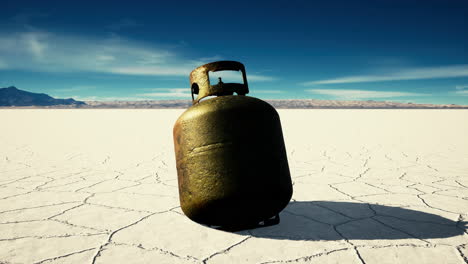 old-rusted-danger-gas-container-on-salt-lake