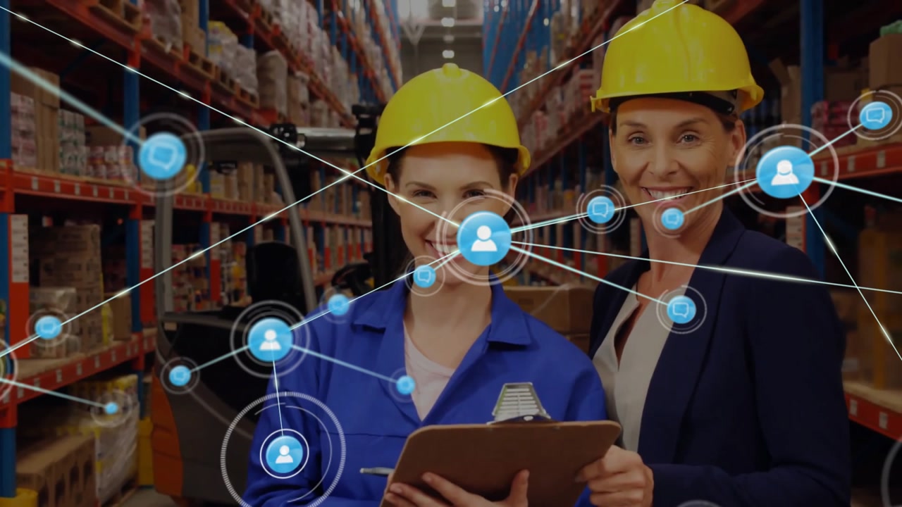 Animation of network of connections with icons over diverse women working in warehouse