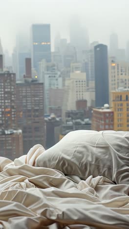 cozy bedroom with city skyline view on a misty morning