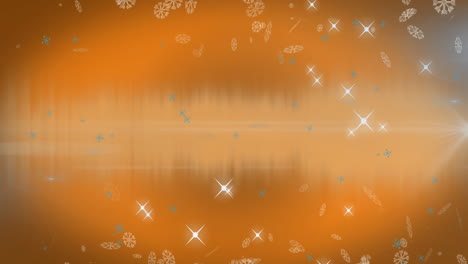 animation of snowflakes and shining stars icons against orange background with copy space