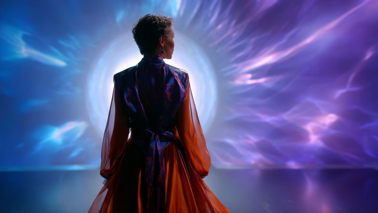 A Mystical Journey Through Color and Light: A Stunning Visual Experience Capturing the Graceful Elegance of a Figure Silhouetted Against a Whirling Ethereal Background in a Mesmerizing Display