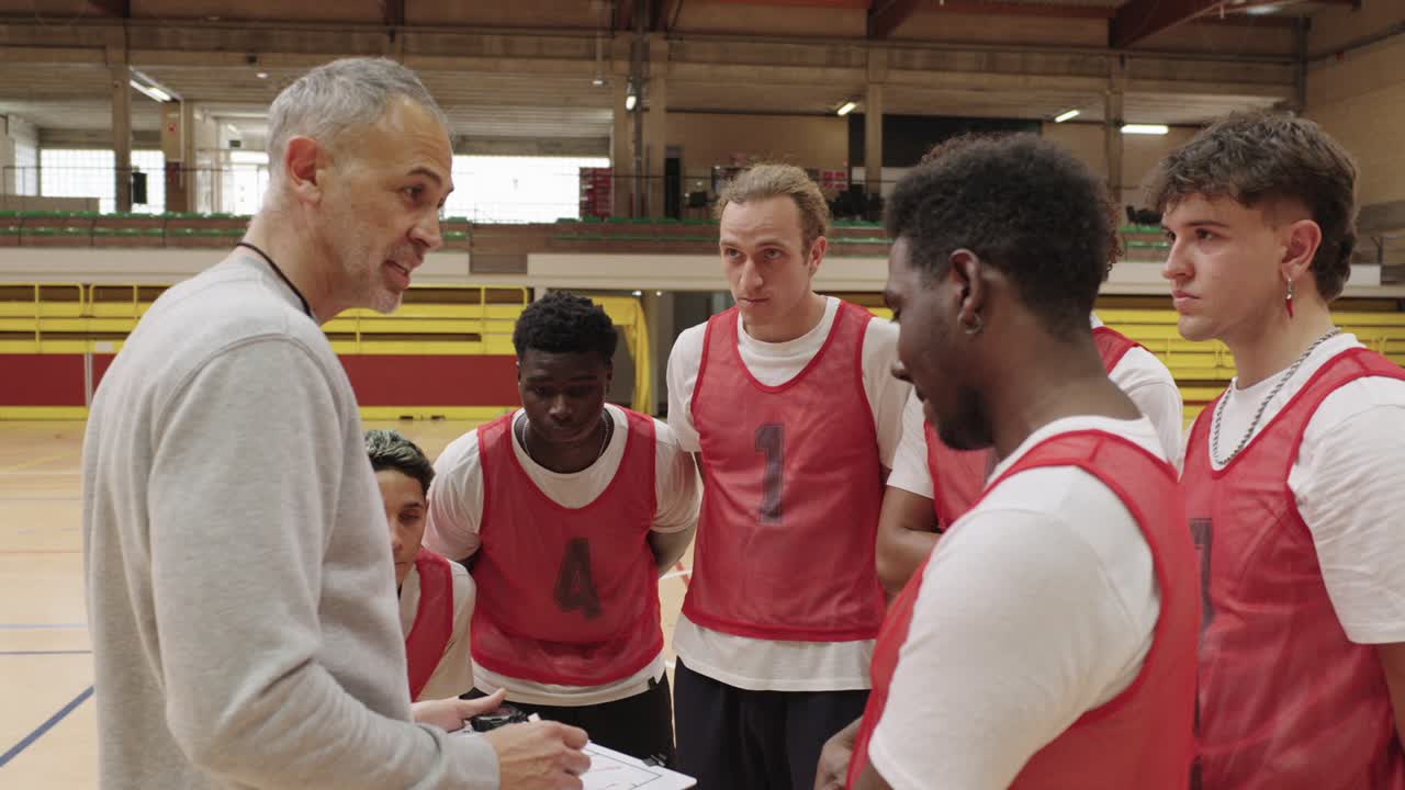 Basketball Team Huddle with Coach