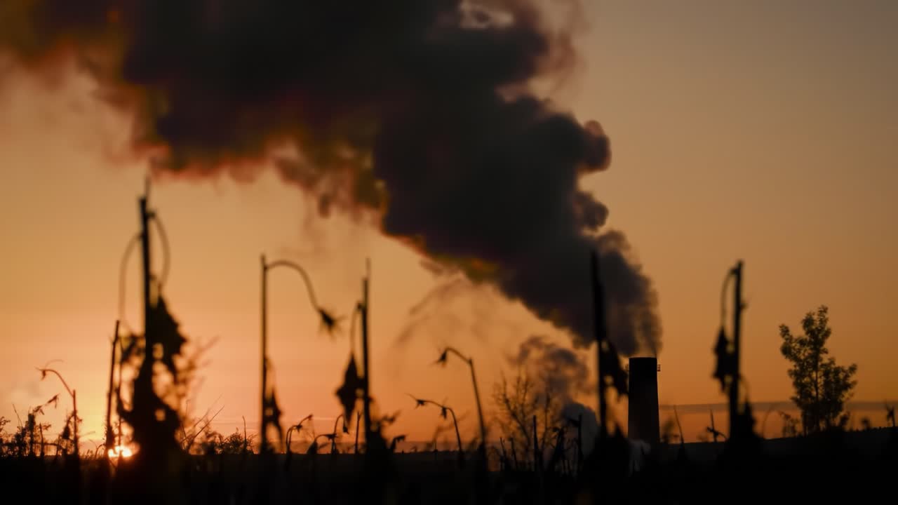 Dramatic Silhouette of Industrial Emissions Against a Vibrant Sunset Sky, Capturing the Intersection of Nature and Human Influence on the Environment