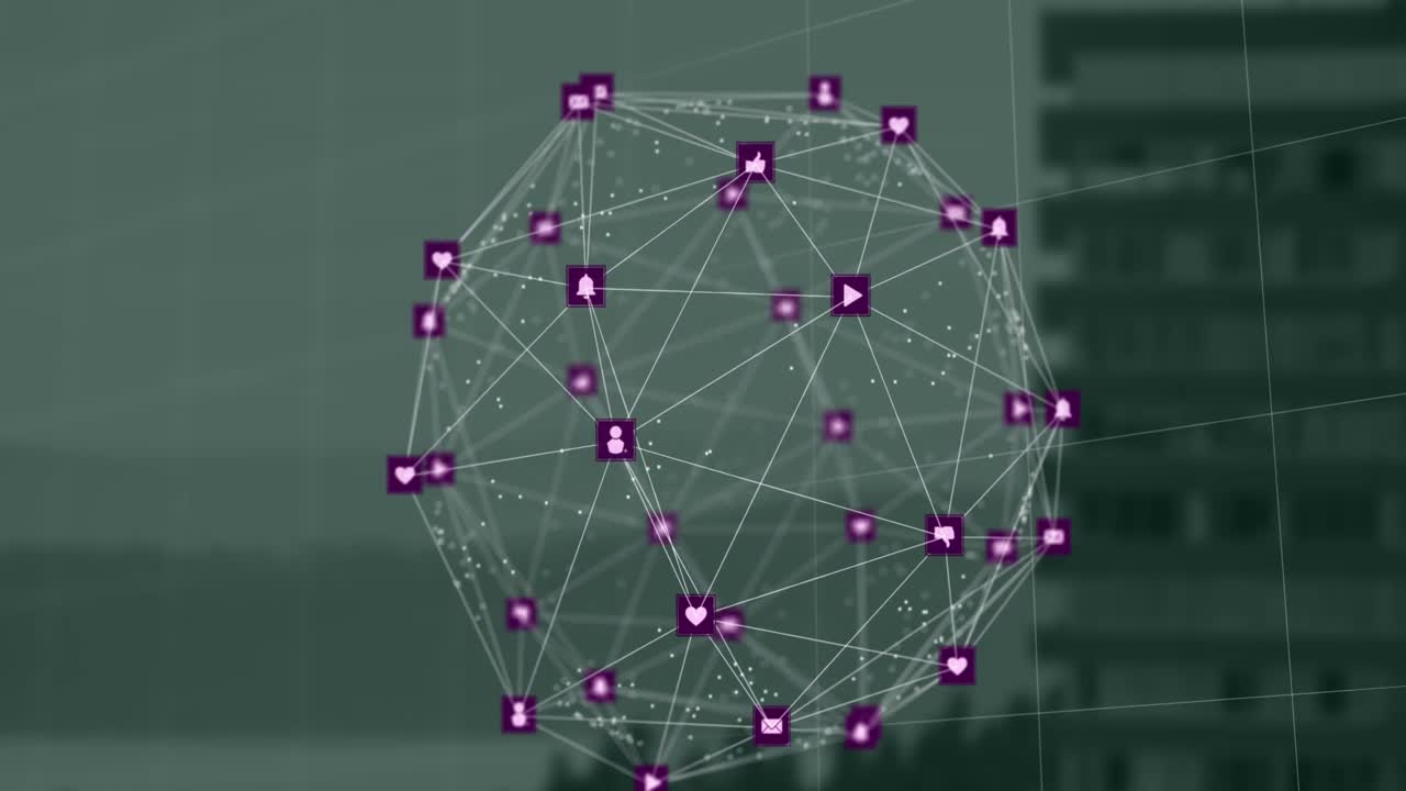 Animation of globe of digital icons spinning against aerial view of tall building