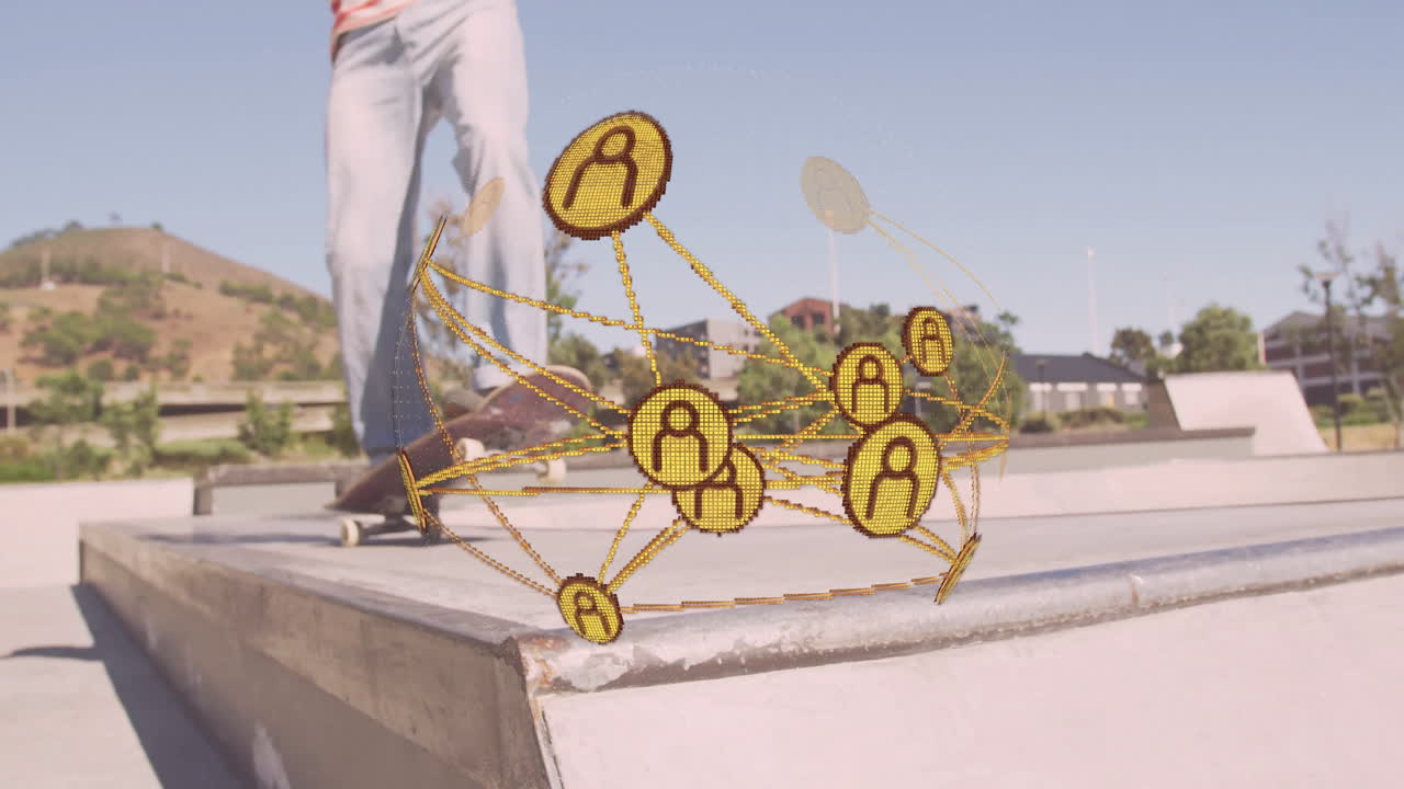 Skateboarder performing trick outdoors with floating gold network globe highlighting tech marketing