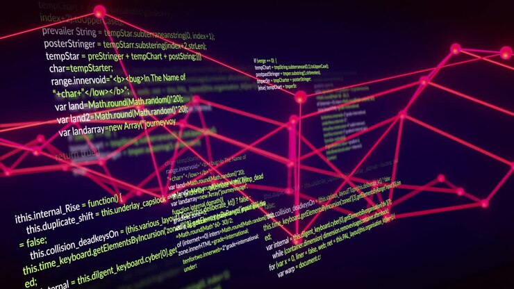 Animation of digital data processing and connections over black background