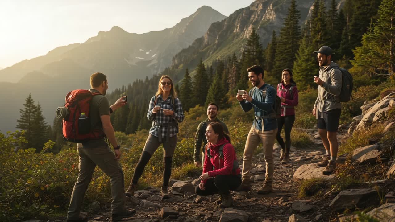 A Joyful Group of Friends Enjoying a Scenic Mountain Hike Together, Sharing Laughter and Moments Amidst Nature's Beauty, Capturing Memories in a Serene Environment