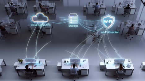 business technology: cloud computing, data storage, and wi-fi protection in an office environment