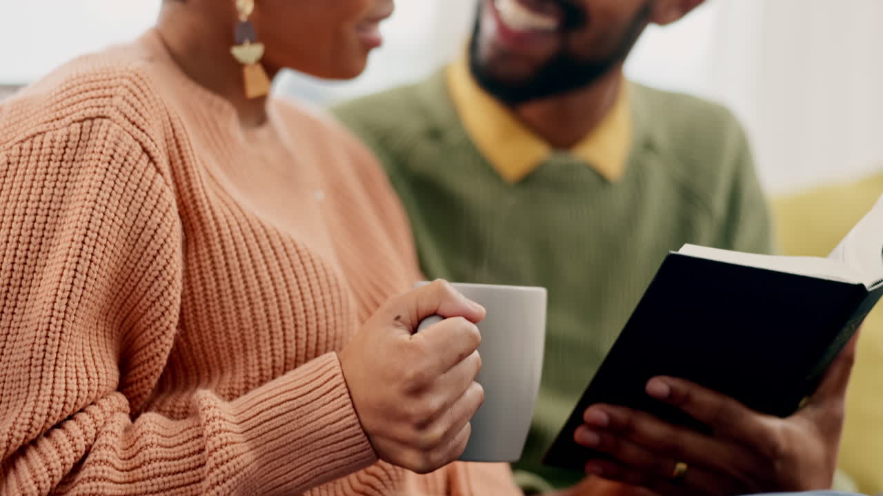 Coffee, bible study and hands of black couple